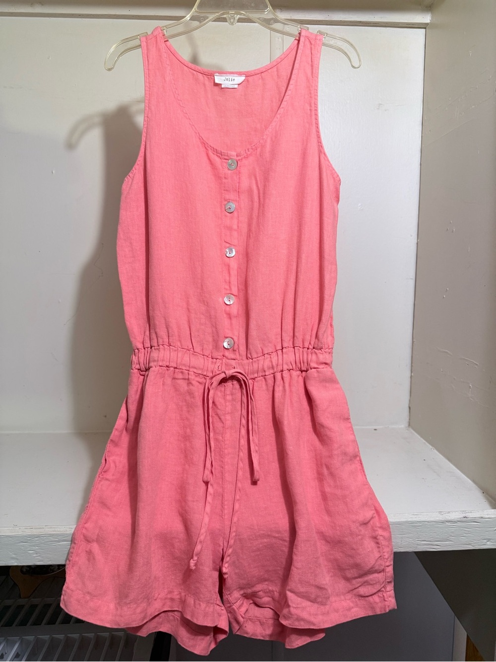 Jolie Coral Pink Button-Front Romper w/ waist tie